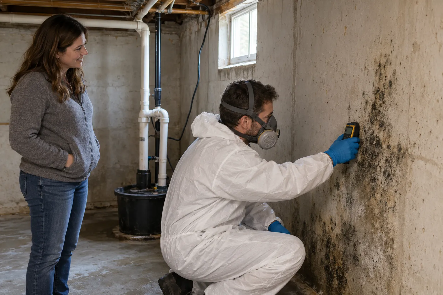 Local mold provider inspecting a basement wall for black mold in a Detroit home