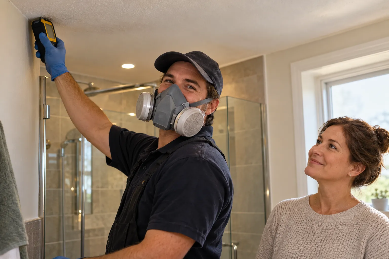 Provider using a moisture meter on a ceiling corner in a Detroit home